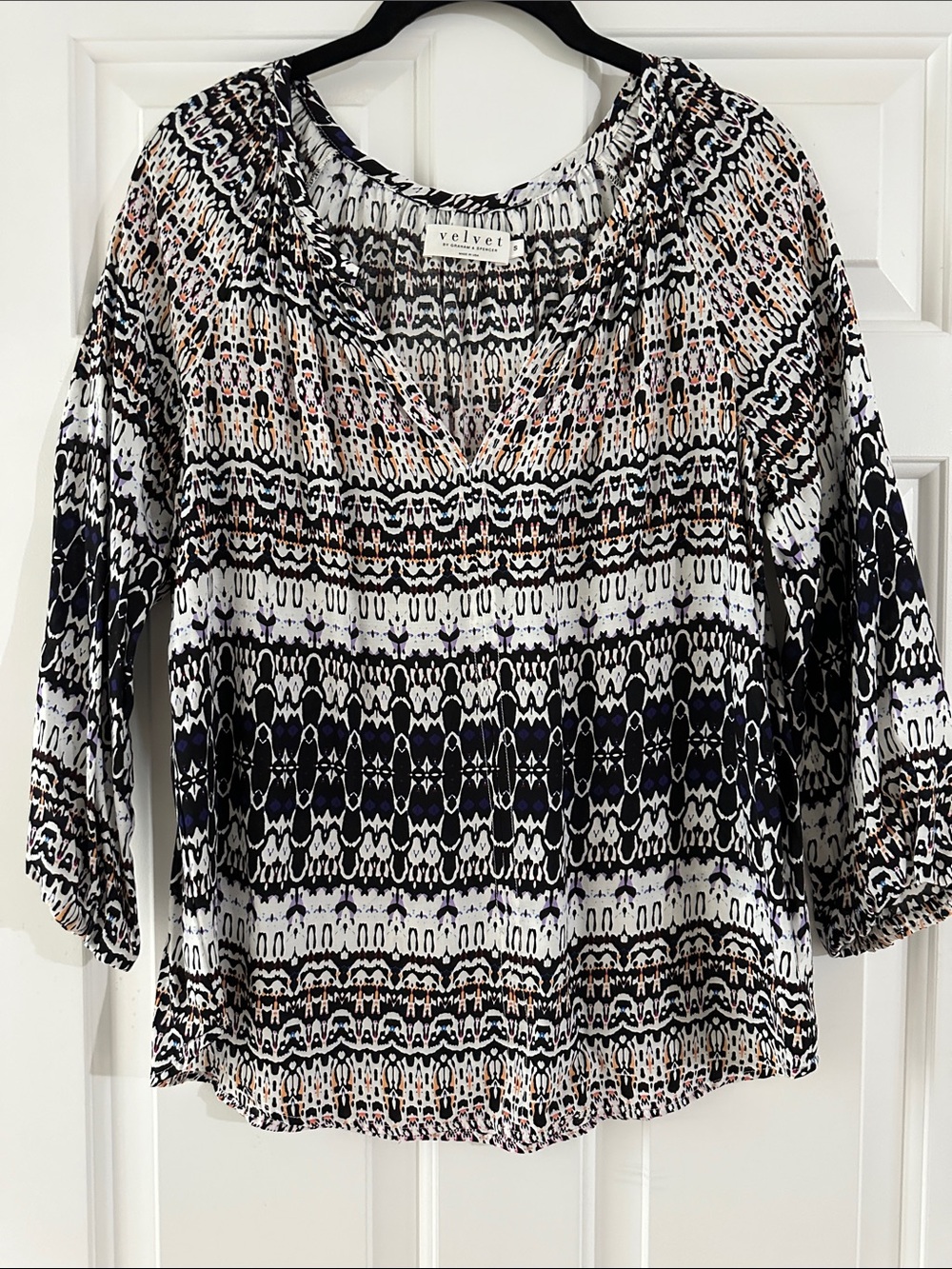 Velvet Women's Mixed Print V-Neck Top in Black, White & Tan